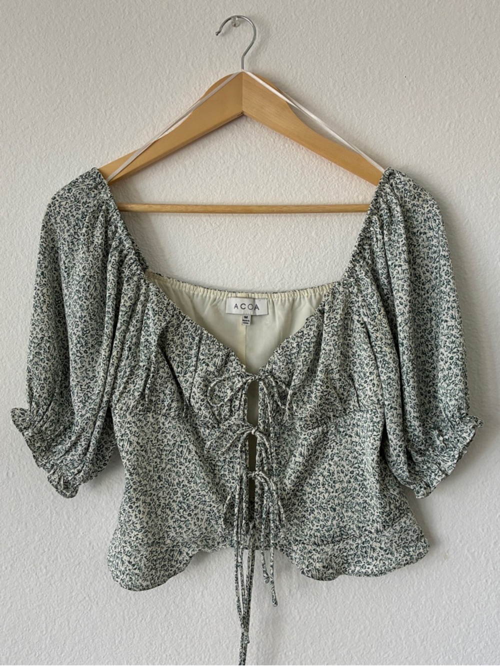 ACOA Green Floral Tie-Front satin Puff Sleeve Blouse